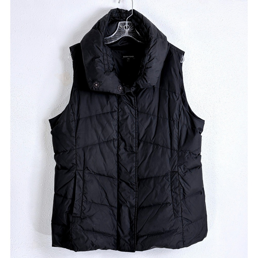 Eileen Fisher Black Chevron Quilted Funnel Neck Puffer Vest XL Duck Down